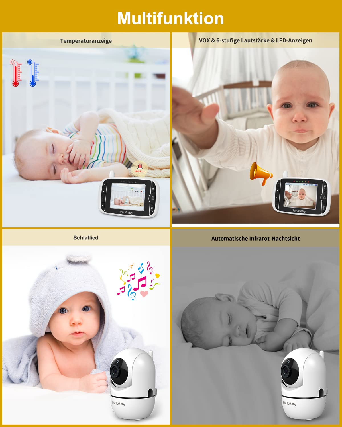HelloBaby Baby Monitor – 3.2" LCD, Camera & Audio, Rotatable, Night Light, Lullabies