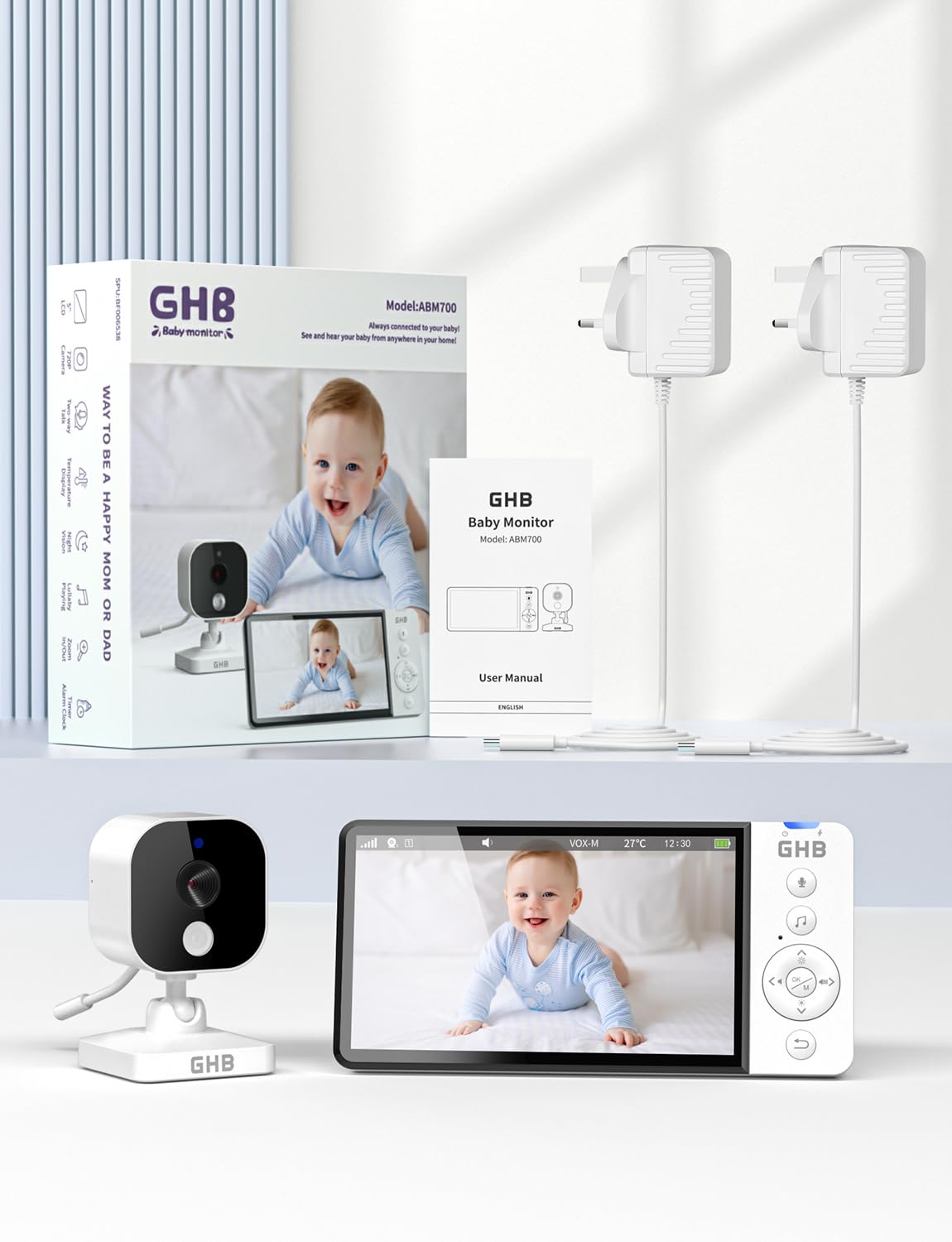 GHB 5" 720p HD Baby Monitor, Camera, Night Vision, Two-Way Audio & Lullabies