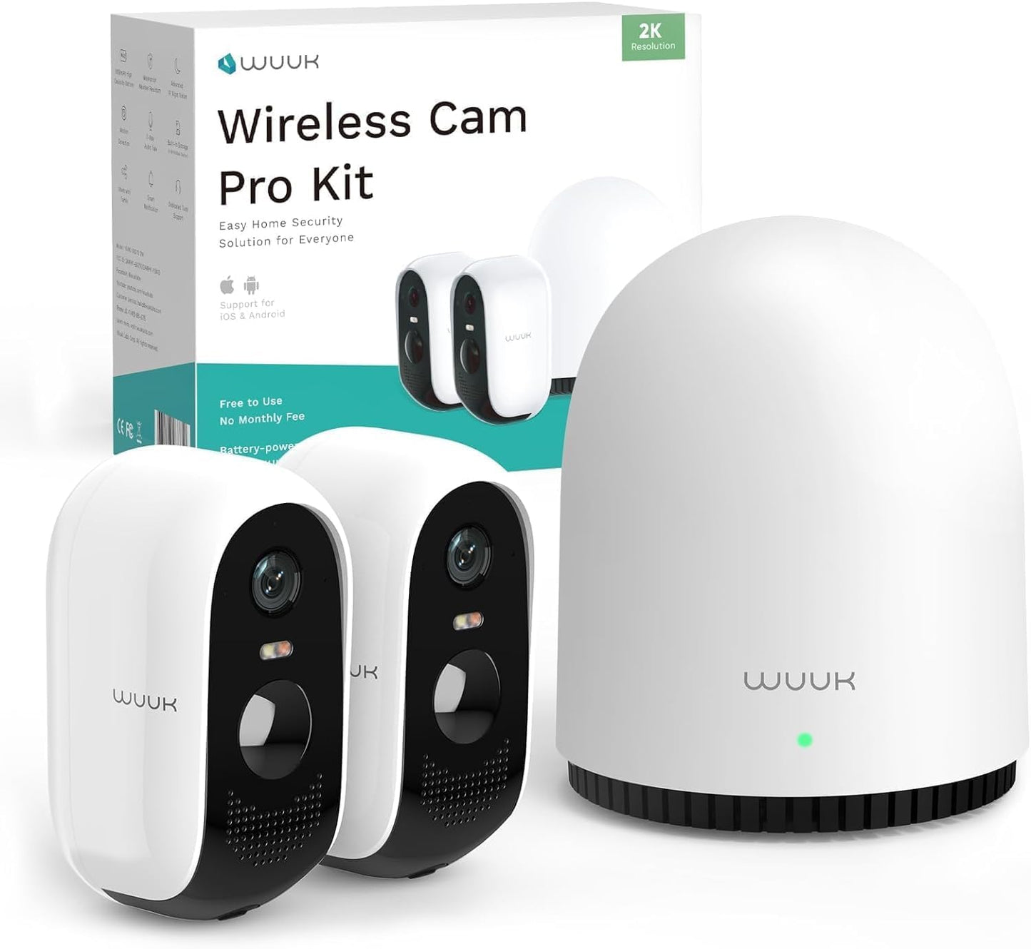 WUUK 2K Wireless Outdoor Security Camera, 32GB Local Storage Base Station, No Monthly Fee, Battery Operated Camera, Night Vision, Home Security Camera System, Compatible with Alexa & Google