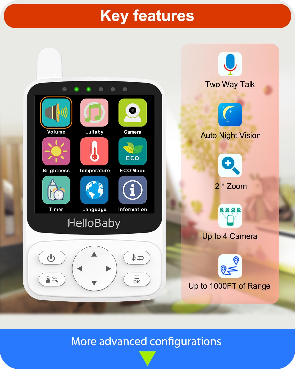 HelloBaby Baby Monitor – 4" IPS Display, PTZ, Night Vision, Two-Way Audio, 26 h Battery