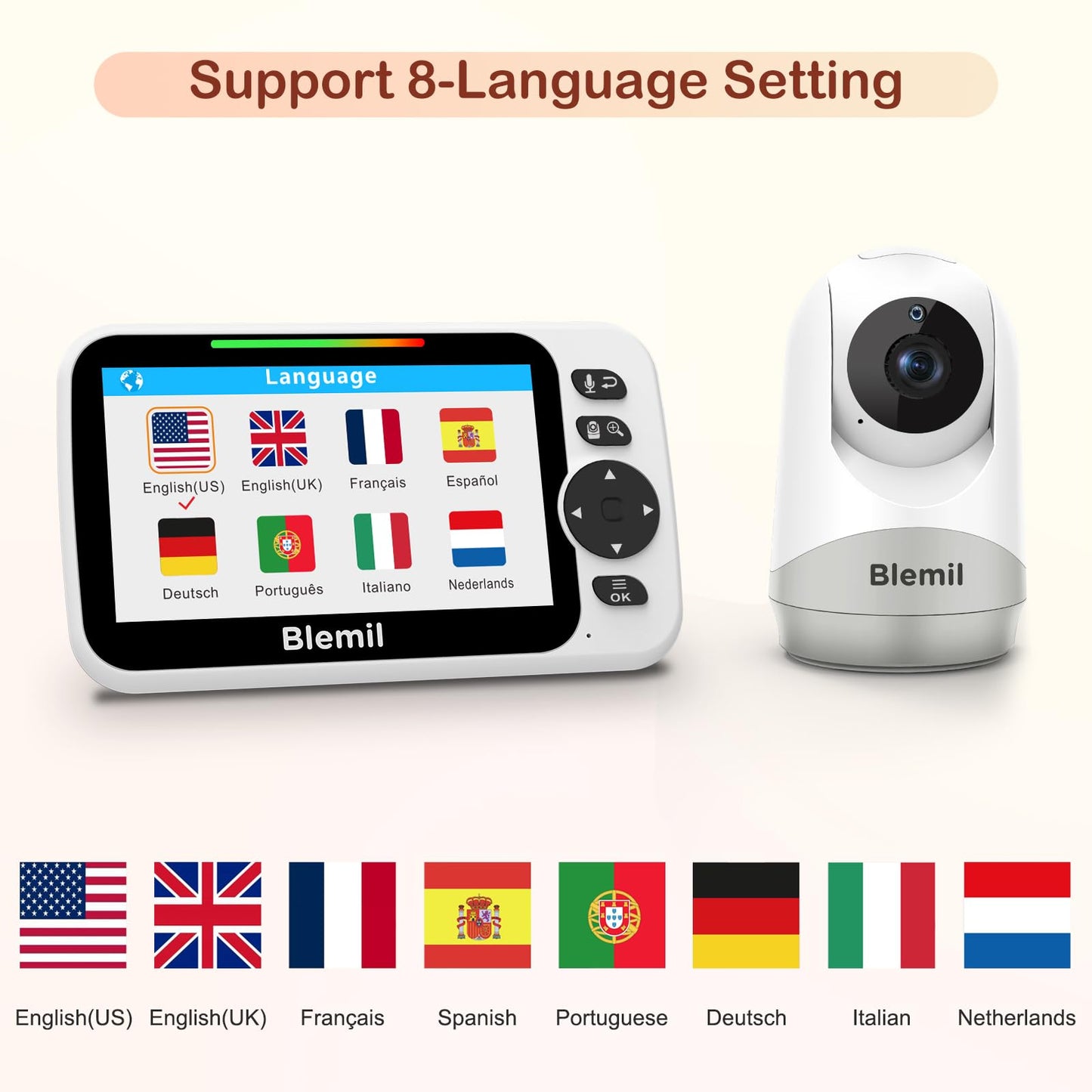 Blemil 5" Baby Monitor, Split-Screen, PTZ, Night Vision, Two-Way Audio, 30 h