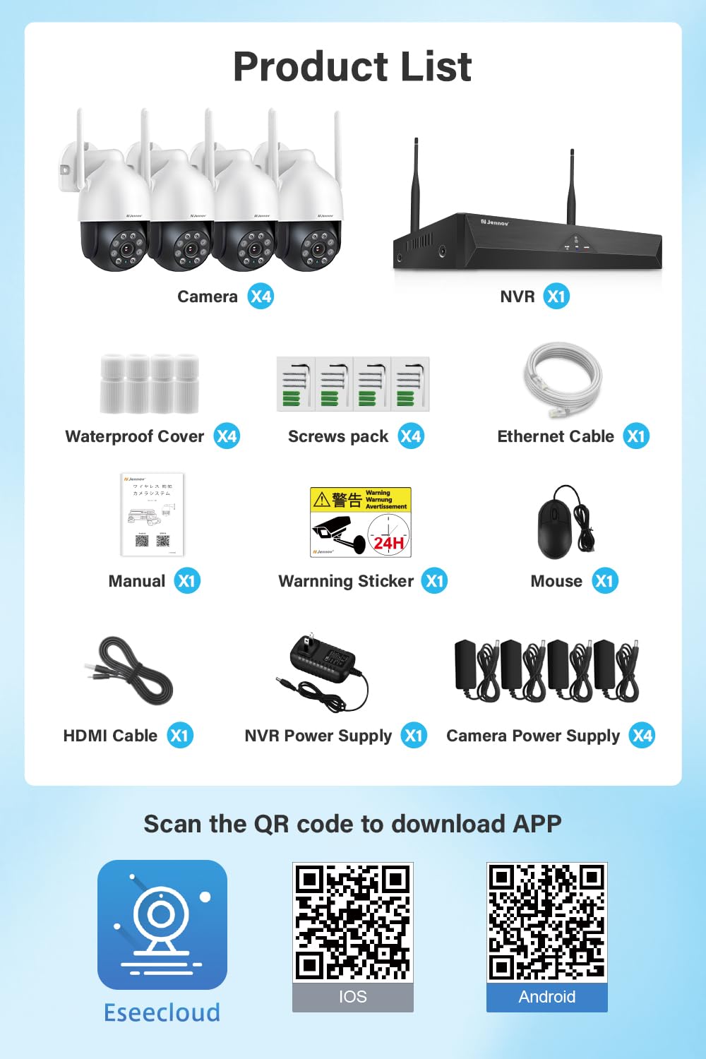 Jennov 【5MP+360°PTZ】 Wireless Security Camera System, 10CH NVR CCTV Camera System with 1TB HDD, 4PCS PTZ Security Cameras, Human Detection, Color Night Vision, Auto Tacking, Two Way Audio