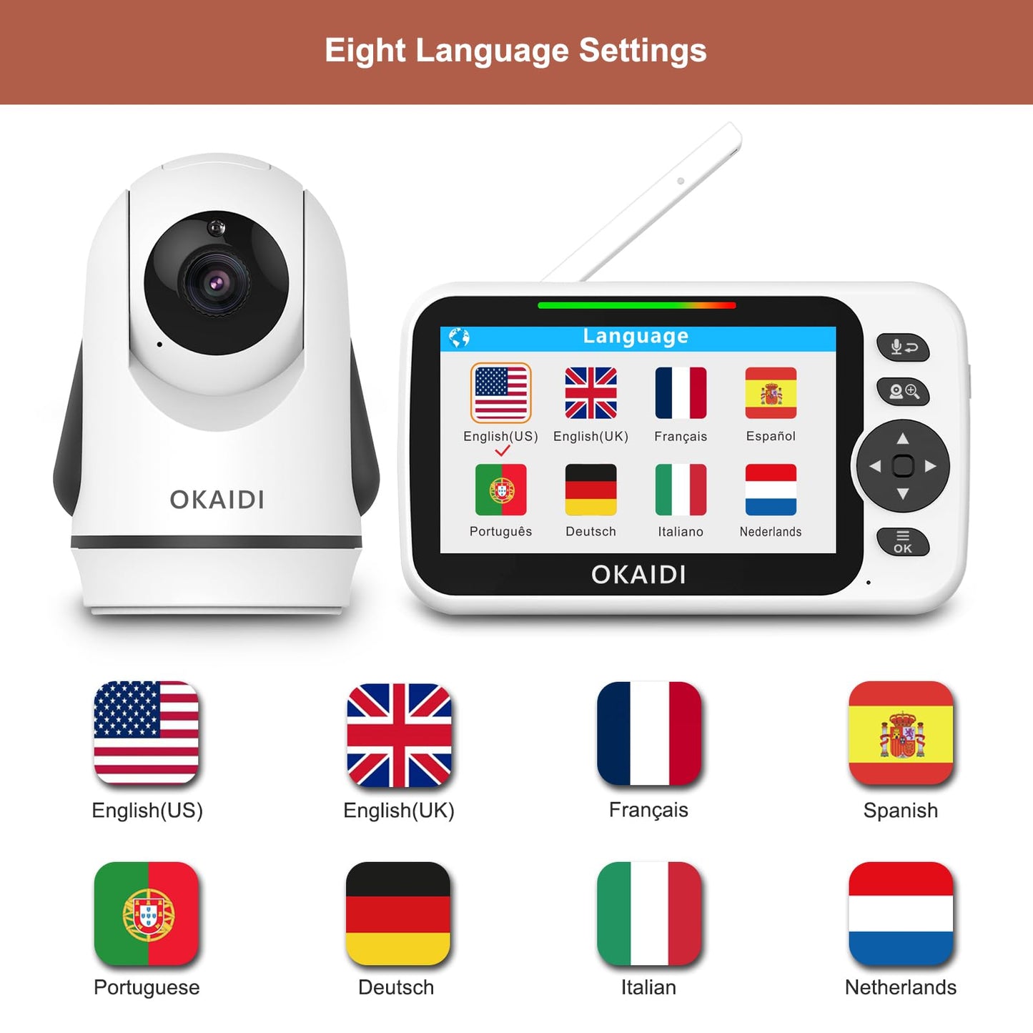 OKAIDI Baby Monitor – 5" Display, PTZ, Night Vision, Two-Way Audio, 30 h Battery