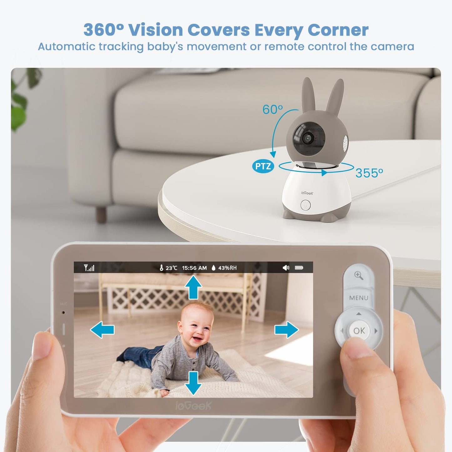 ieGeek 2K Baby Monitor – 2 Cameras, 5" Split-Screen, PTZ, Night Vision, App