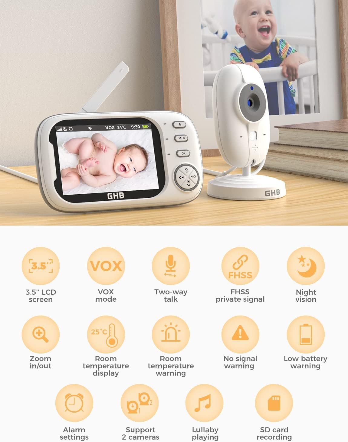 GHB 3.5" Baby Monitor, Camera, Night Vision, Two-Way Audio & Lullabies