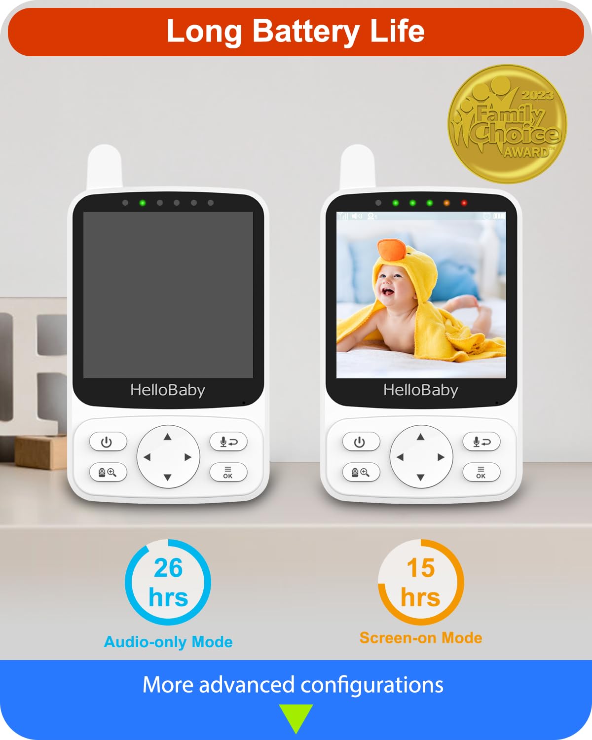 HelloBaby Baby Monitor – 4" IPS Display, PTZ, Night Vision, Two-Way Audio, 26 h Battery