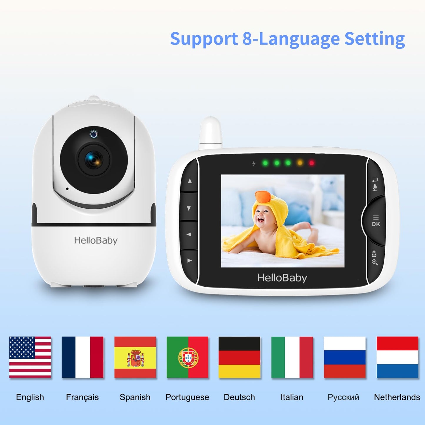 HelloBaby Baby Monitor – 3.2" LCD, Camera & Audio, Rotatable, Night Light, Lullabies
