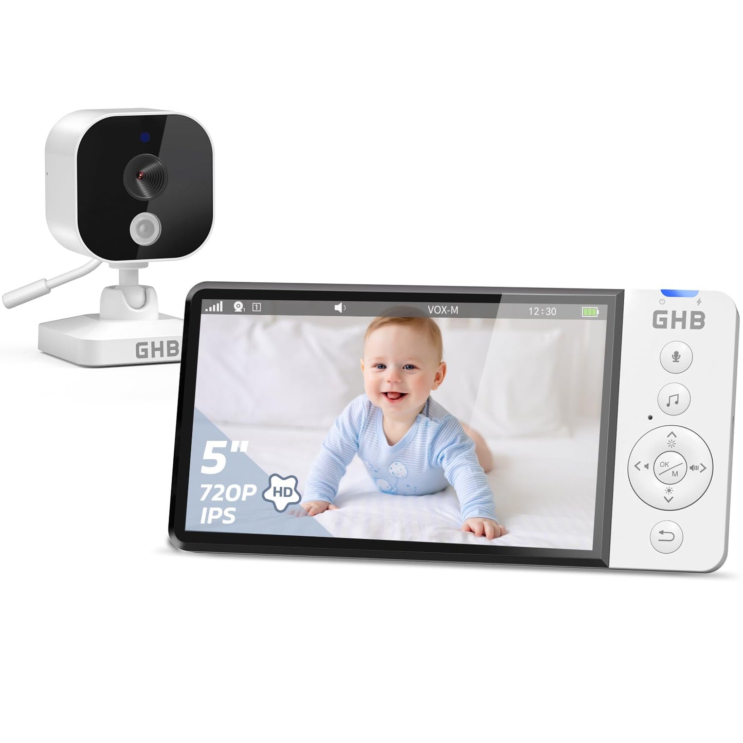 GHB 5" 720p HD Baby Monitor, Camera, Night Vision, Two-Way Audio & Lullabies