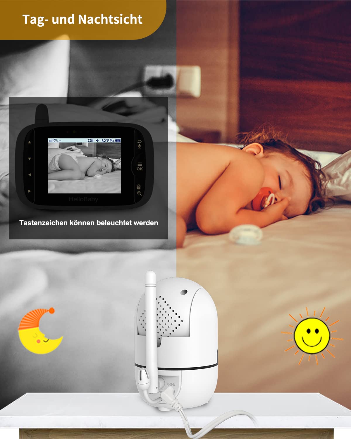 HelloBaby Baby Monitor – 3.2" LCD, Camera & Audio, Rotatable, Night Light, Lullabies