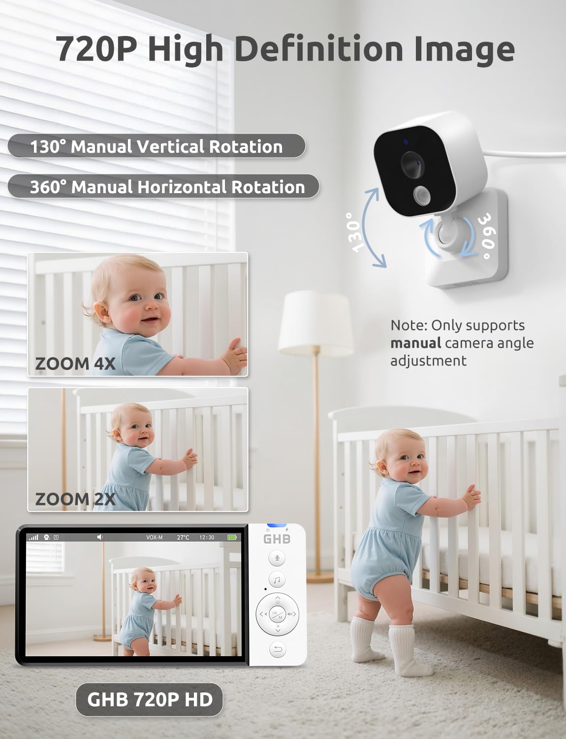GHB 5" 720p HD Baby Monitor, Camera, Night Vision, Two-Way Audio & Lullabies