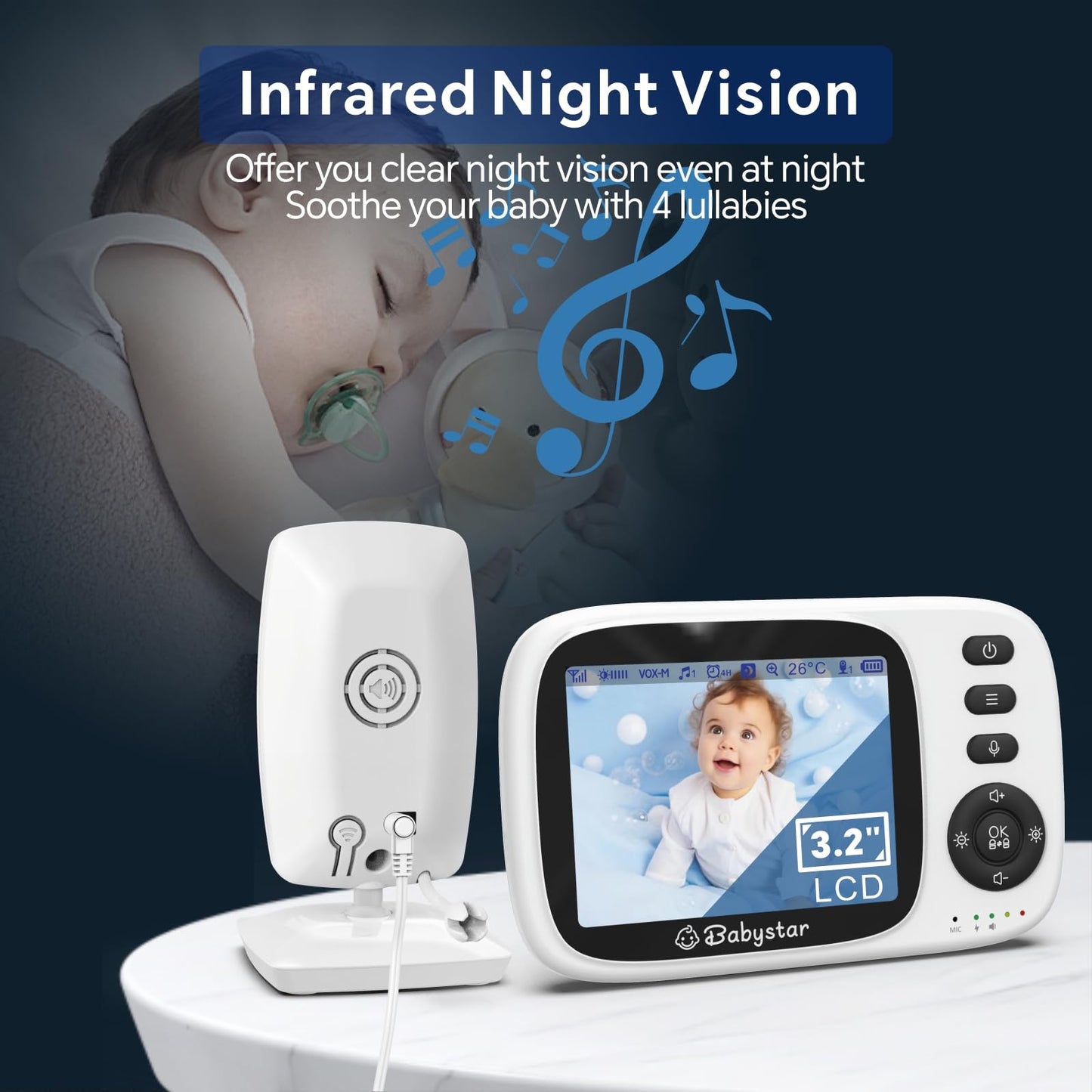 Babystar 3.2" Baby Monitor, Camera, Night Vision, Two-Way Audio & Lullabies