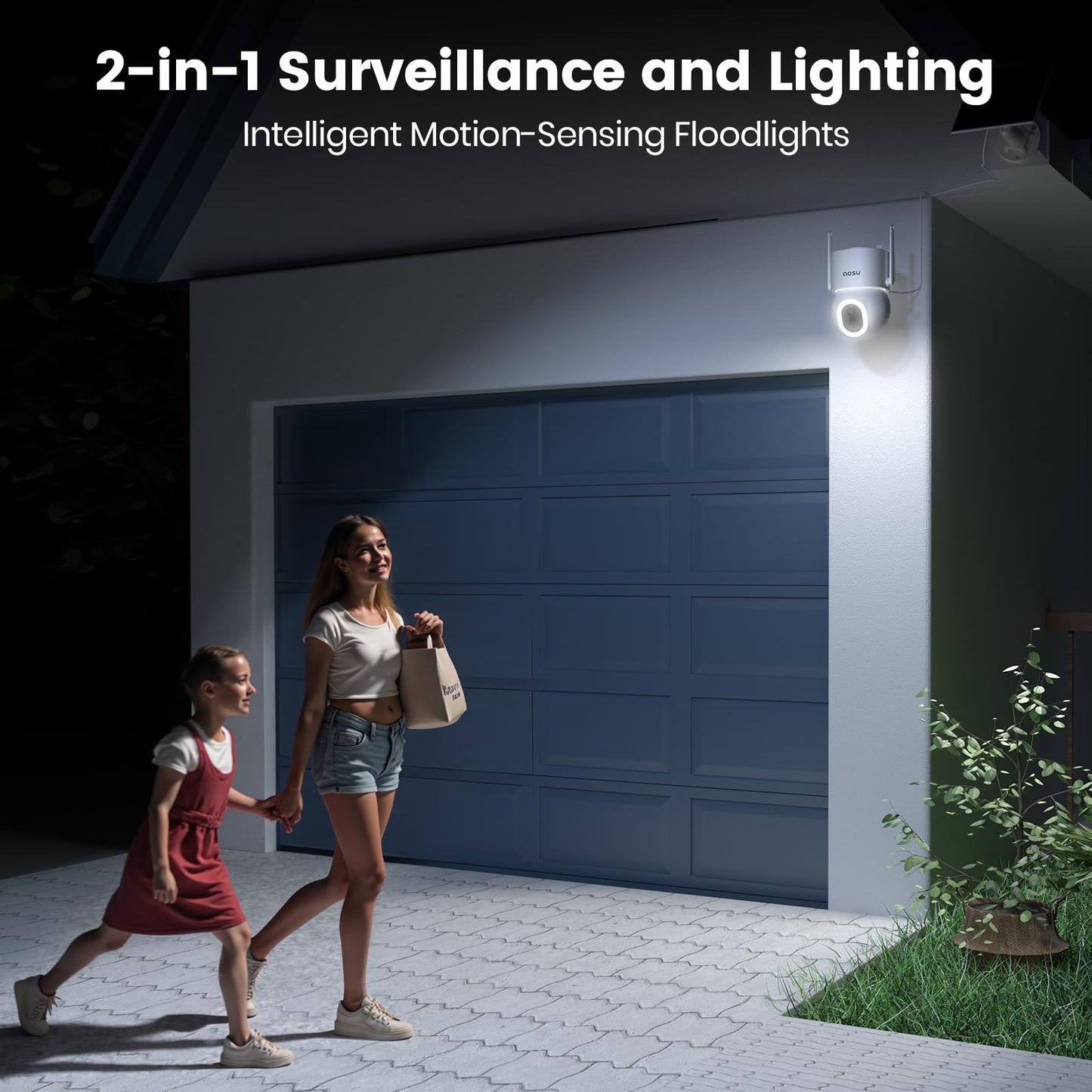 AOSU 3K Security Cameras Wireless Outdoor, 5MP 2 in 1 Solar Home WiFi Surveillance Cameras, 360° Pan&Tilt, 400-Lumen Floodlight, Color Night Vision, Auto Tracking, AI Human Vehicle Pet Detection 2 Pcs