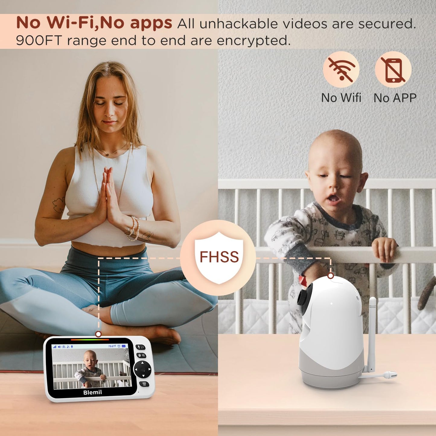 Blemil 5" Baby Monitor, Split-Screen, PTZ, Night Vision, Two-Way Audio, 30 h