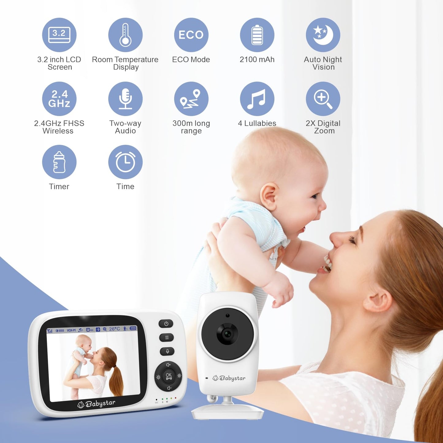 Babystar 3.2" Baby Monitor, Camera, Night Vision, Two-Way Audio & Lullabies
