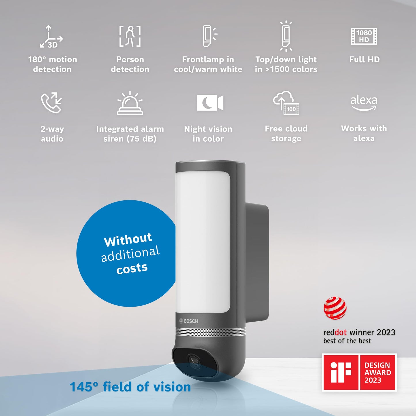 Bosch Smart Home outdoor camera II, outdoor surveillance camera, 1080p full HD resolution with integrated alarm siren and designer light, compatible with Amazon Alexa, anthracite