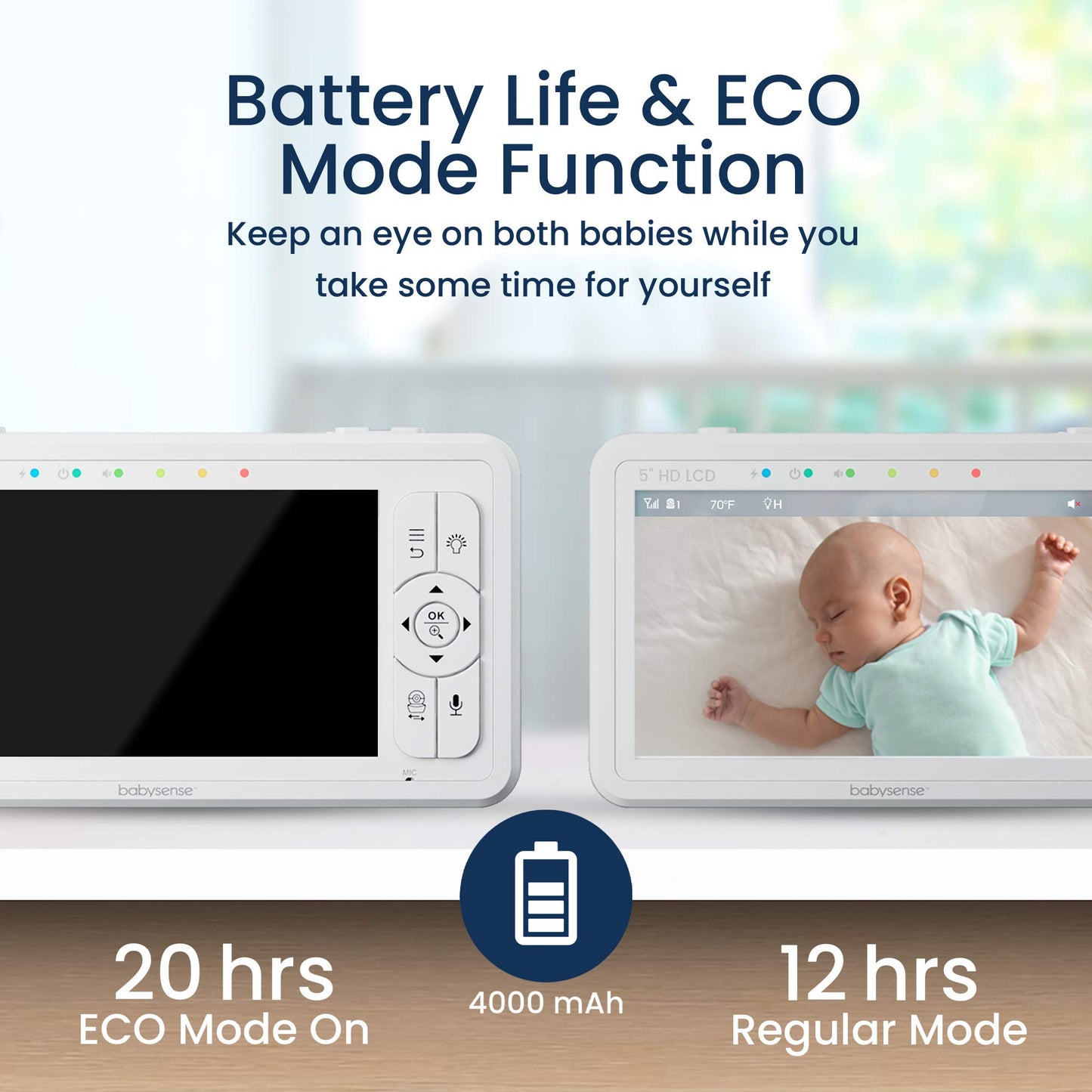 Babysense 5" HD Baby Monitor, 2 Cameras, Split-Screen, Night & Two-Way Audio