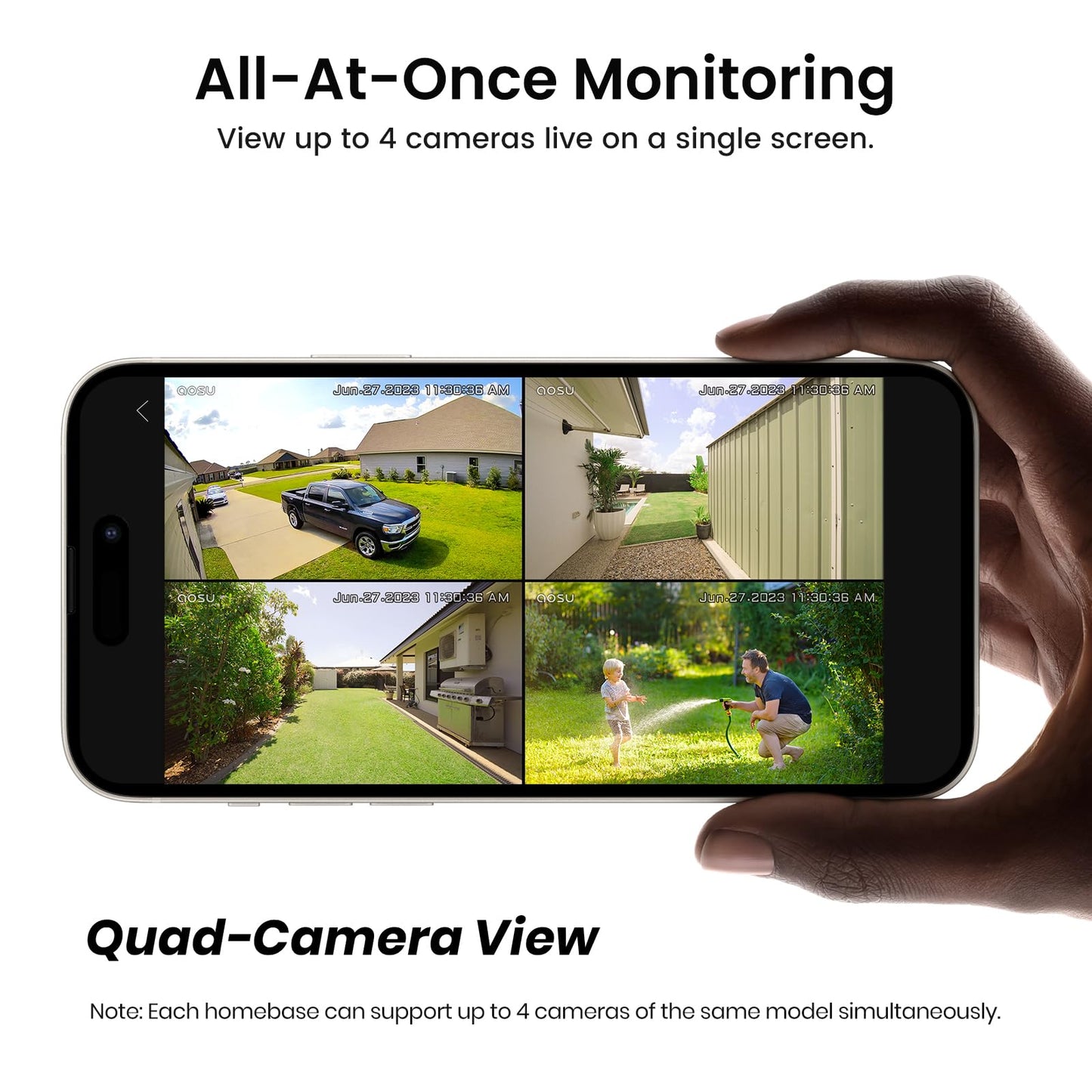 AOSU 2K Solar Security Cameras Wireless Outdoor, 4 Cam-Kit & HomeBase, No Monthly Fee, Movable Solar Panels, 166° Ultra-Wide View, 32GB Local, 2-Way Talk Night Vision Sound-Light Alert 5G/2.4G WiFi