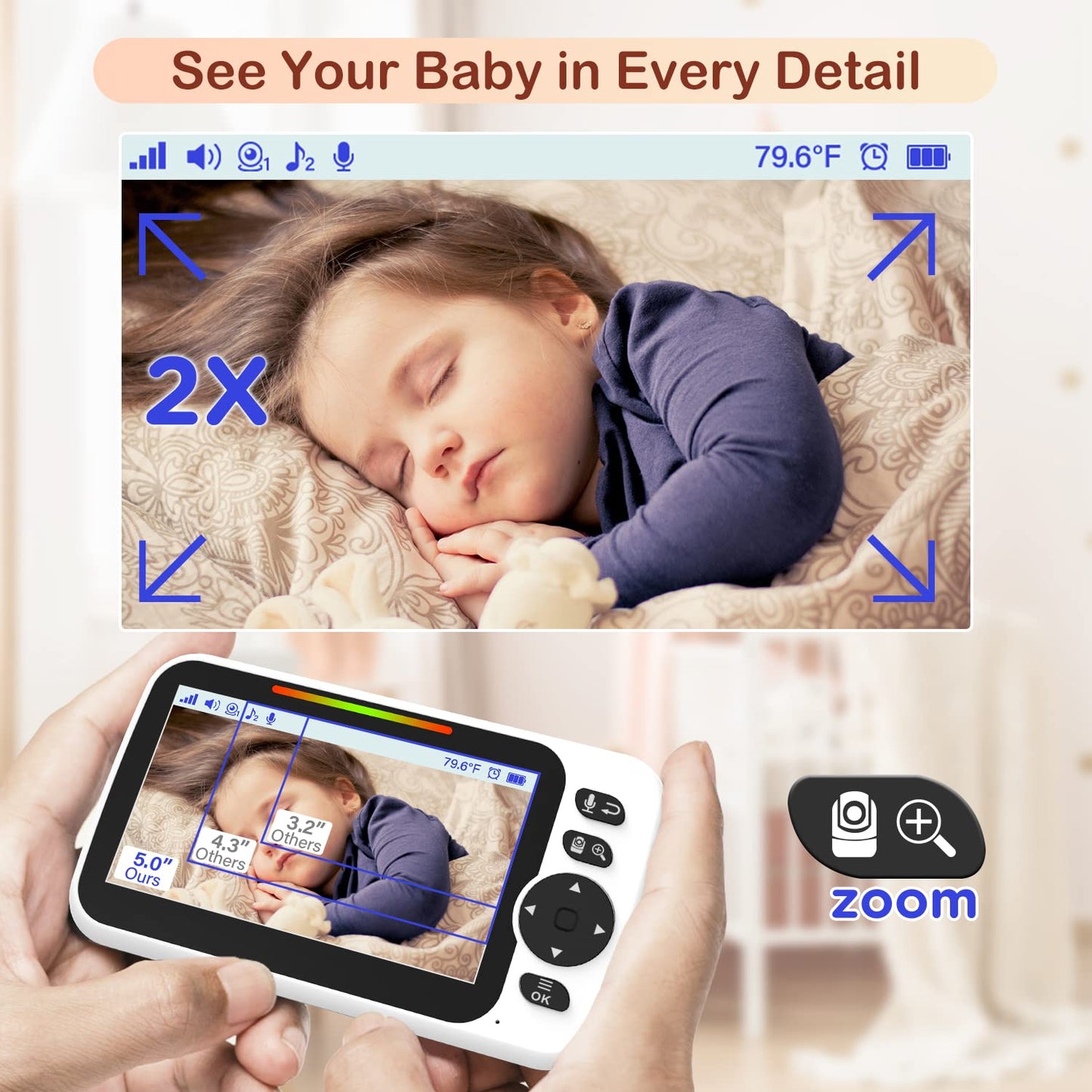 Blemil 5" Baby Monitor, Split-Screen, PTZ, Night Vision, Two-Way Audio, 30 h