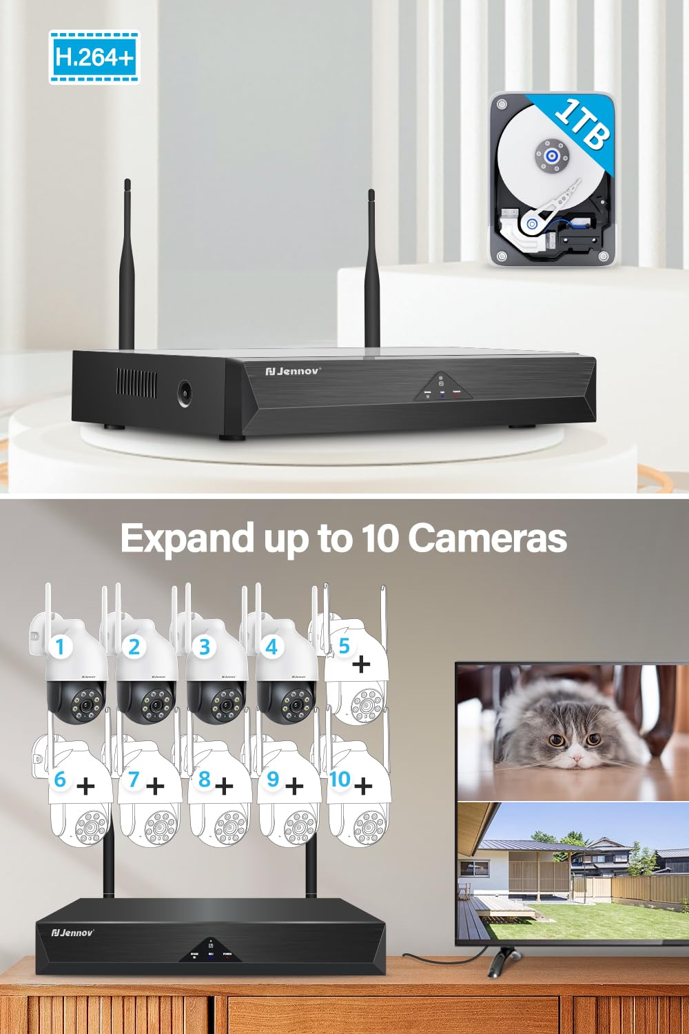 Jennov 【5MP+360°PTZ】 Wireless Security Camera System, 10CH NVR CCTV Camera System with 1TB HDD, 4PCS PTZ Security Cameras, Human Detection, Color Night Vision, Auto Tacking, Two Way Audio