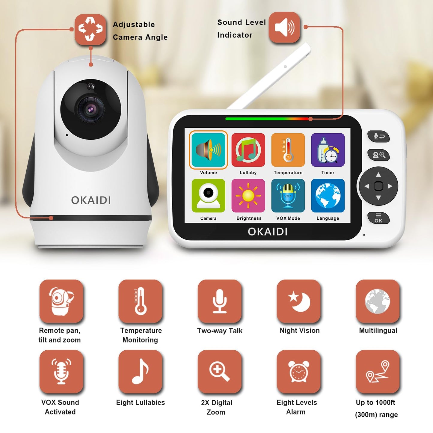 OKAIDI Baby Monitor – 5" Display, PTZ, Night Vision, Two-Way Audio, 30 h Battery