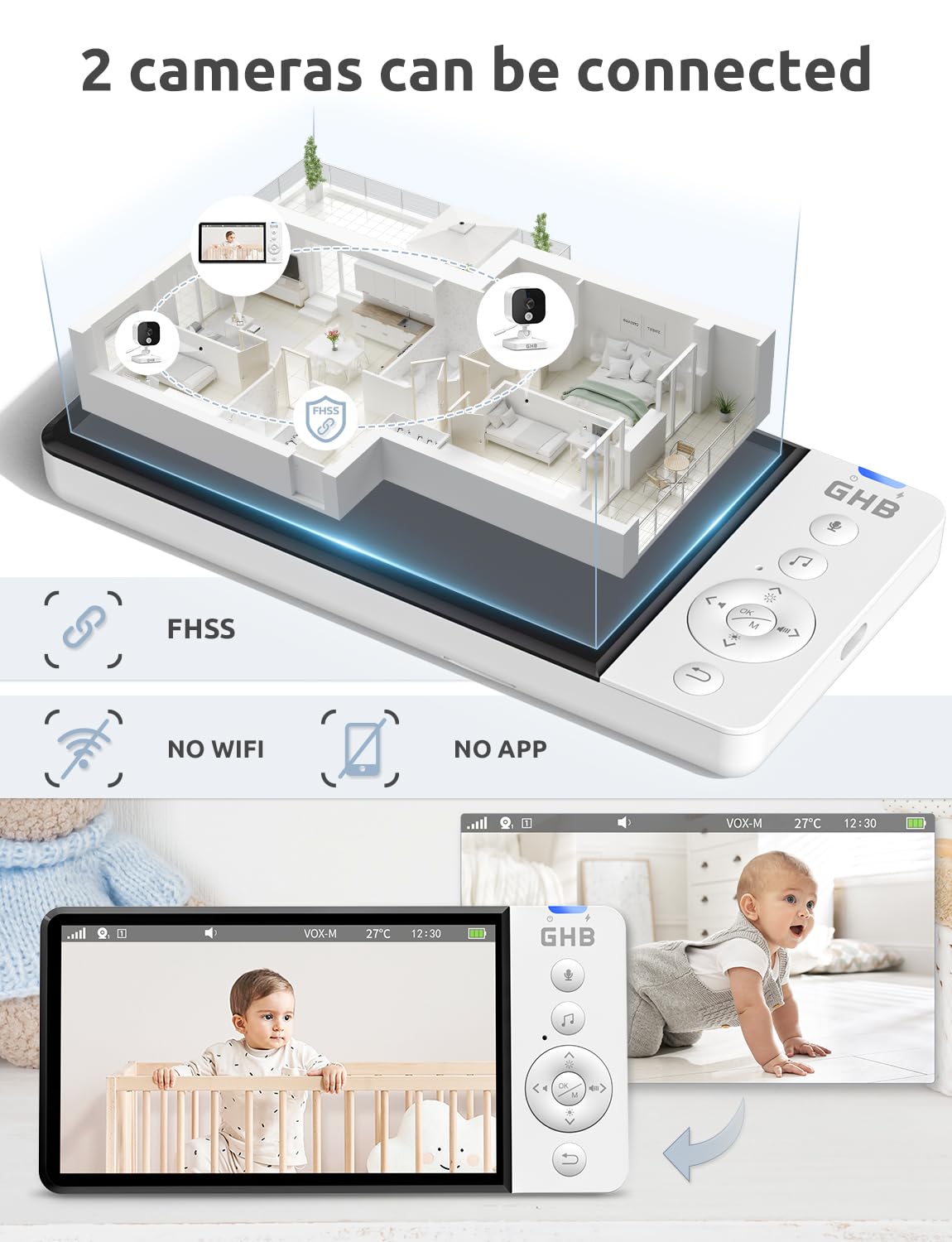 GHB 5" 720p HD Baby Monitor, Camera, Night Vision, Two-Way Audio & Lullabies