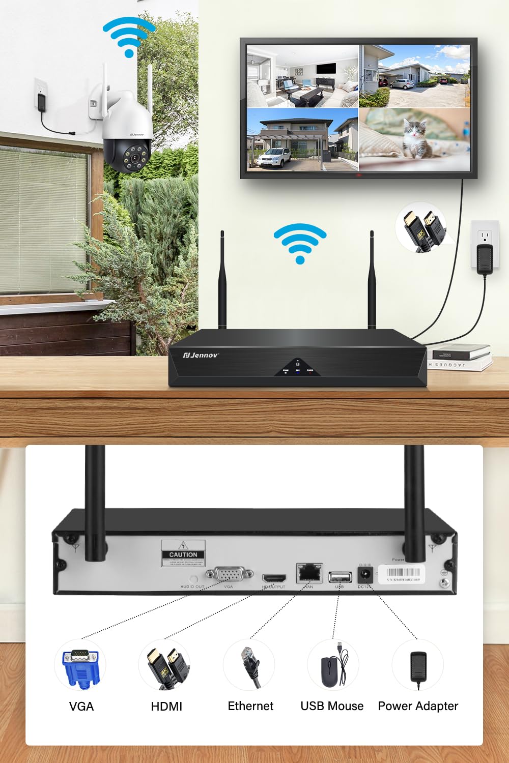 Jennov 【5MP+360°PTZ】 Wireless Security Camera System, 10CH NVR CCTV Camera System with 1TB HDD, 4PCS PTZ Security Cameras, Human Detection, Color Night Vision, Auto Tacking, Two Way Audio