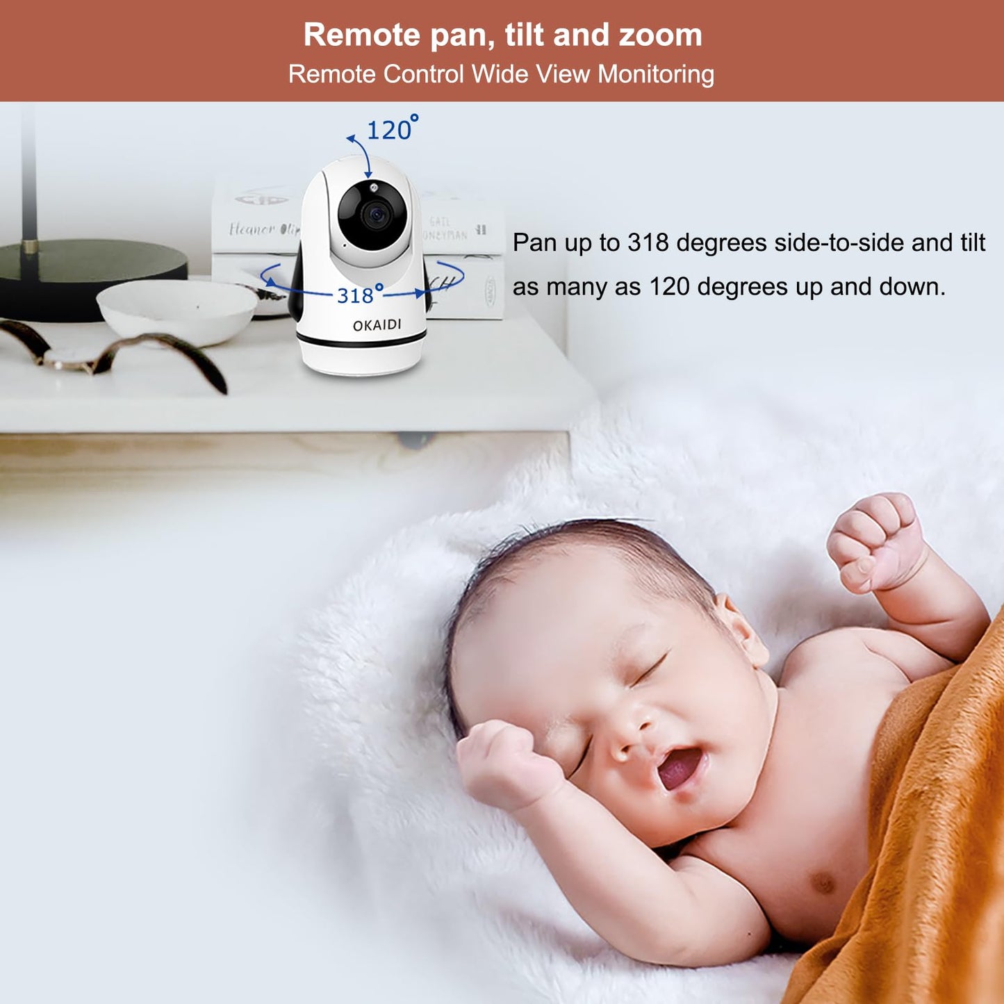 OKAIDI Baby Monitor – 5" Display, PTZ, Night Vision, Two-Way Audio, 30 h Battery