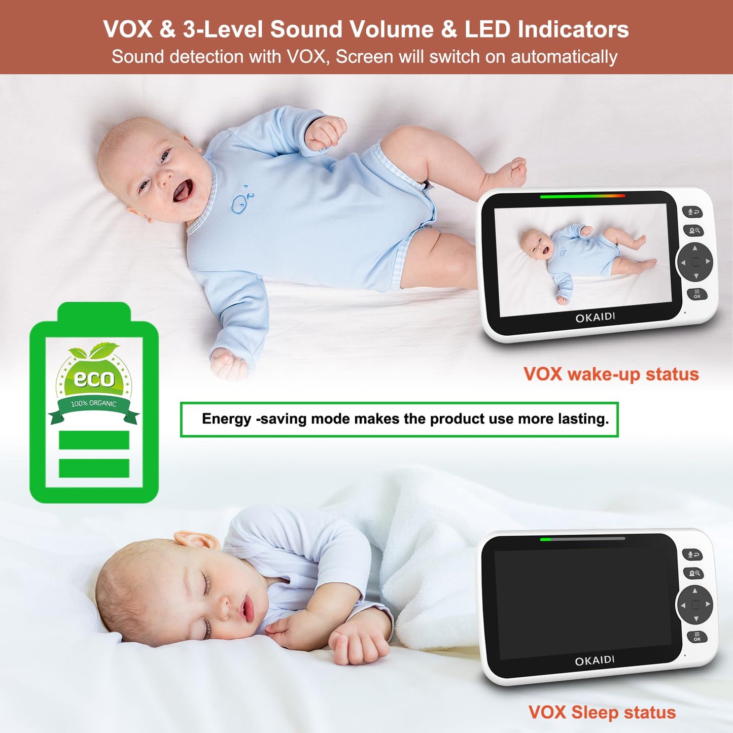 OKAIDI Baby Monitor – 5" Display, PTZ, Night Vision, Two-Way Audio, 30 h Battery