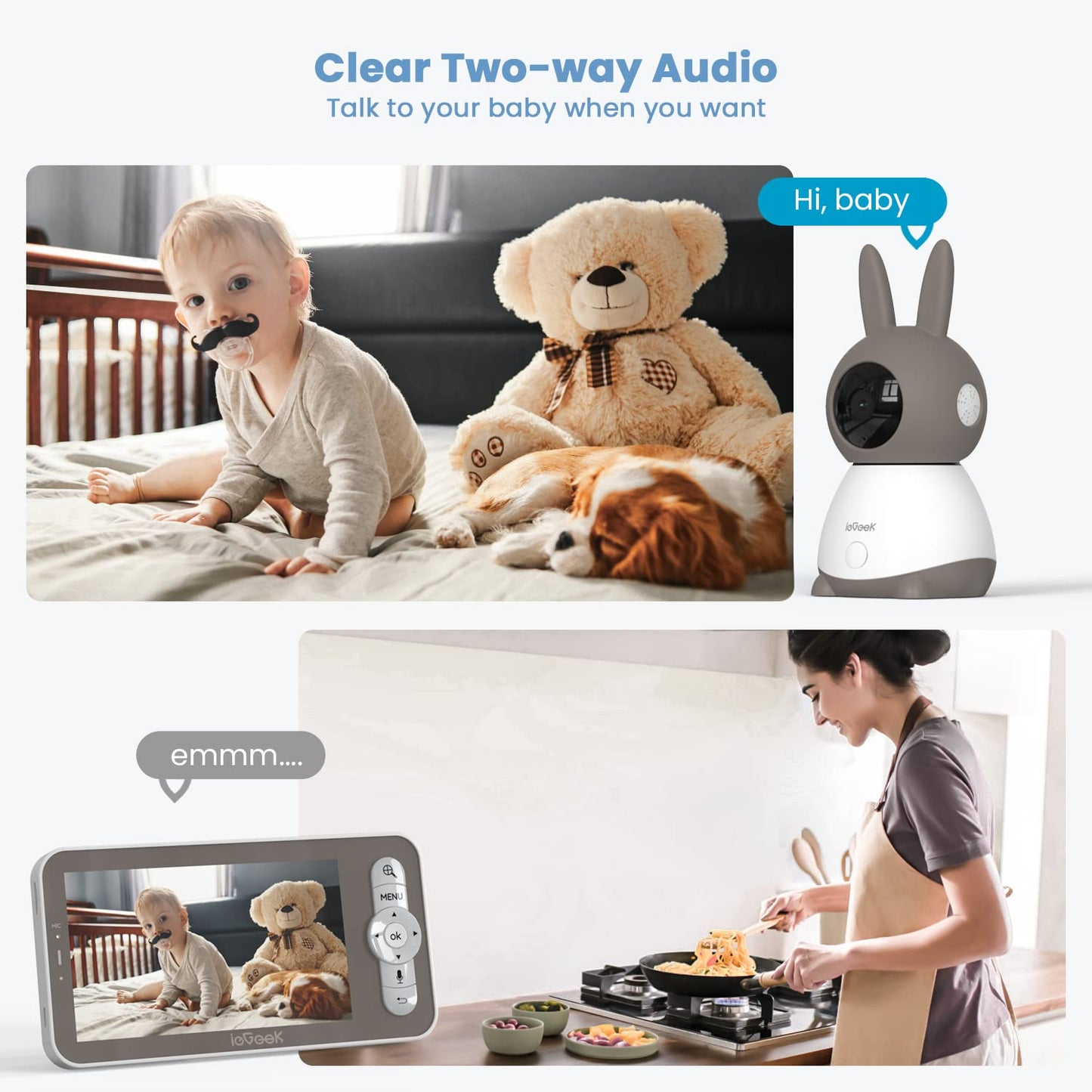 ieGeek 2K Baby Monitor – 2 Cameras, 5" Split-Screen, PTZ, Night Vision, App