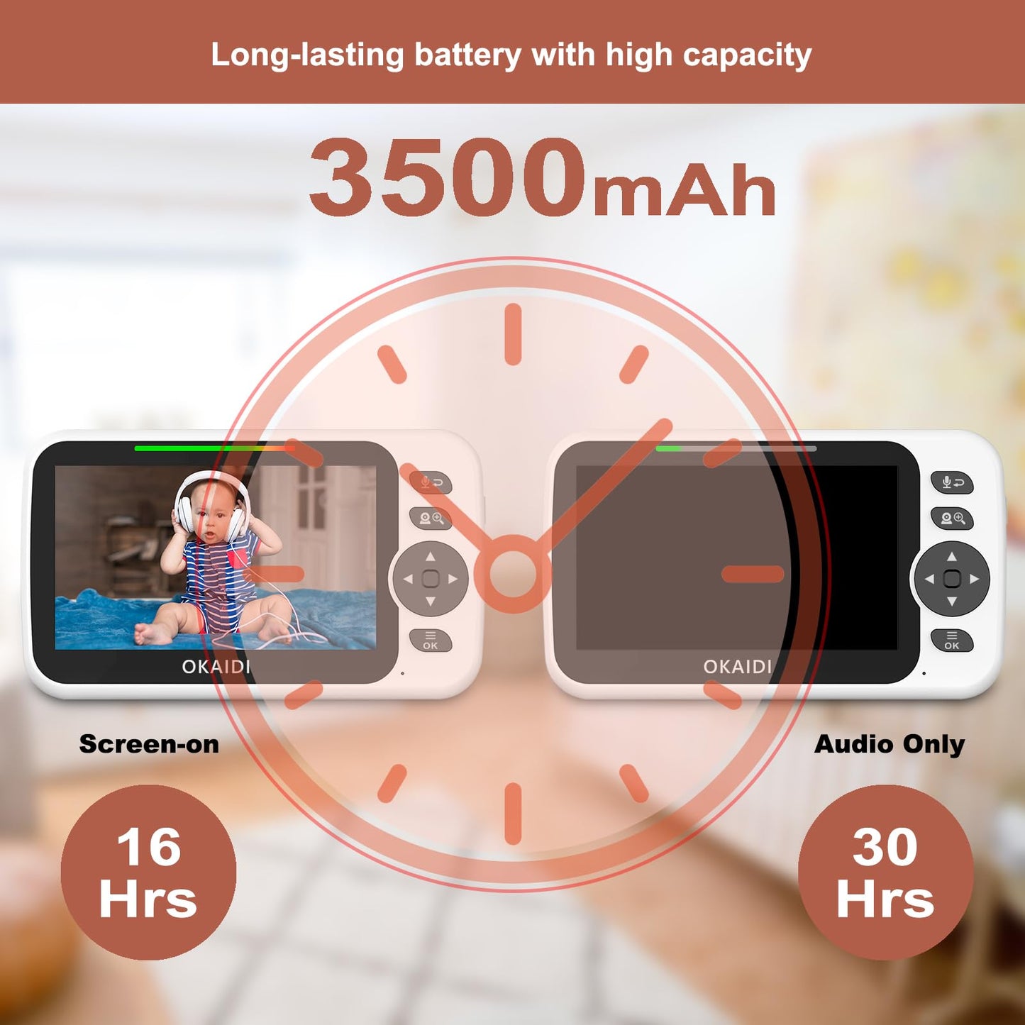OKAIDI Baby Monitor – 5" Display, PTZ, Night Vision, Two-Way Audio, 30 h Battery