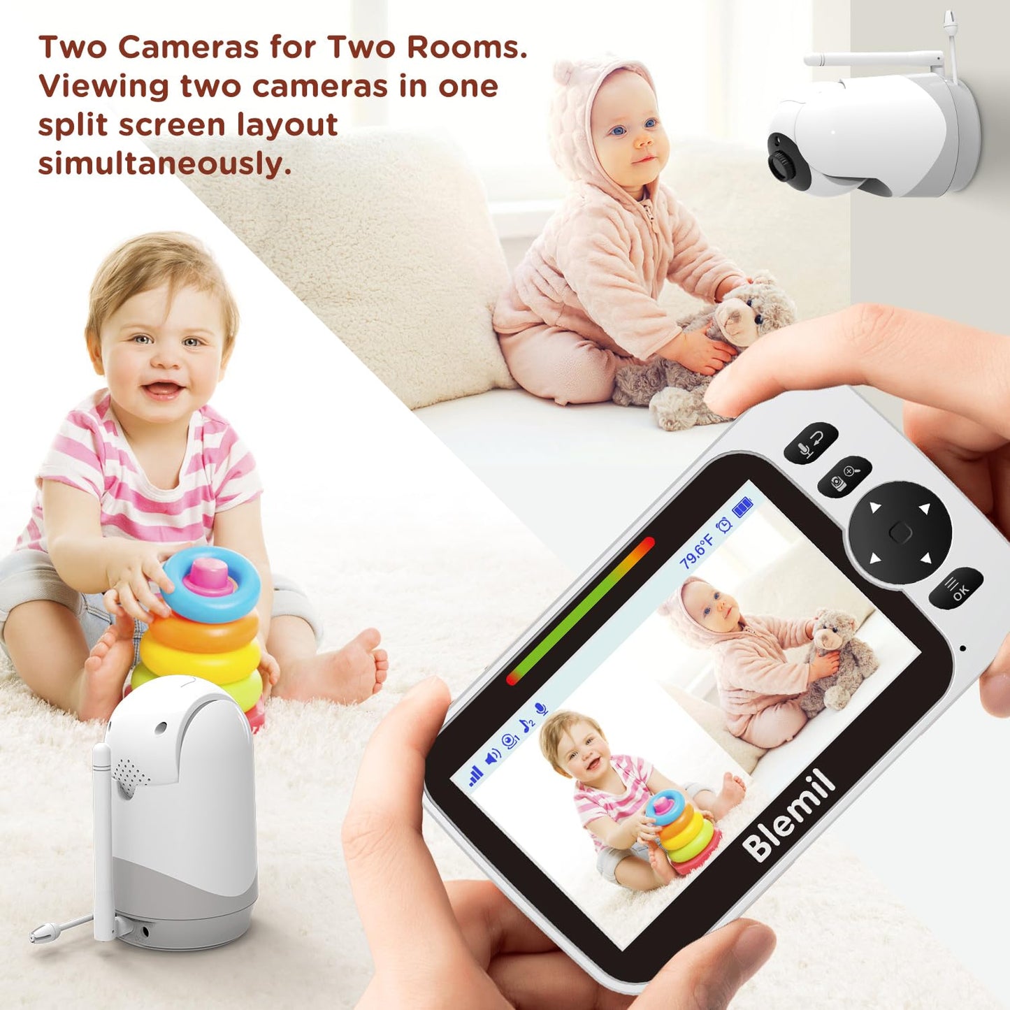 Blemil 5" Baby Monitor, Split-Screen, PTZ, Night Vision, Two-Way Audio, 30 h