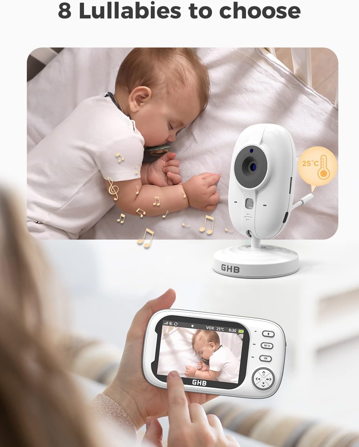 GHB 3.5" Baby Monitor, Camera, Night Vision, Two-Way Audio & Lullabies