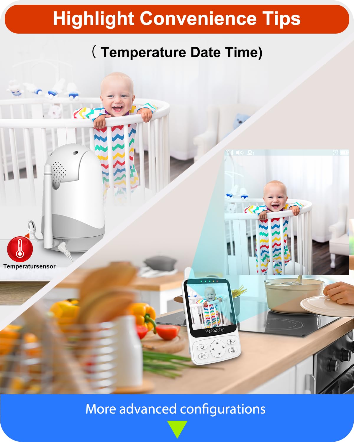 HelloBaby Baby Monitor – 4" IPS Display, PTZ, Night Vision, Two-Way Audio, 26 h Battery