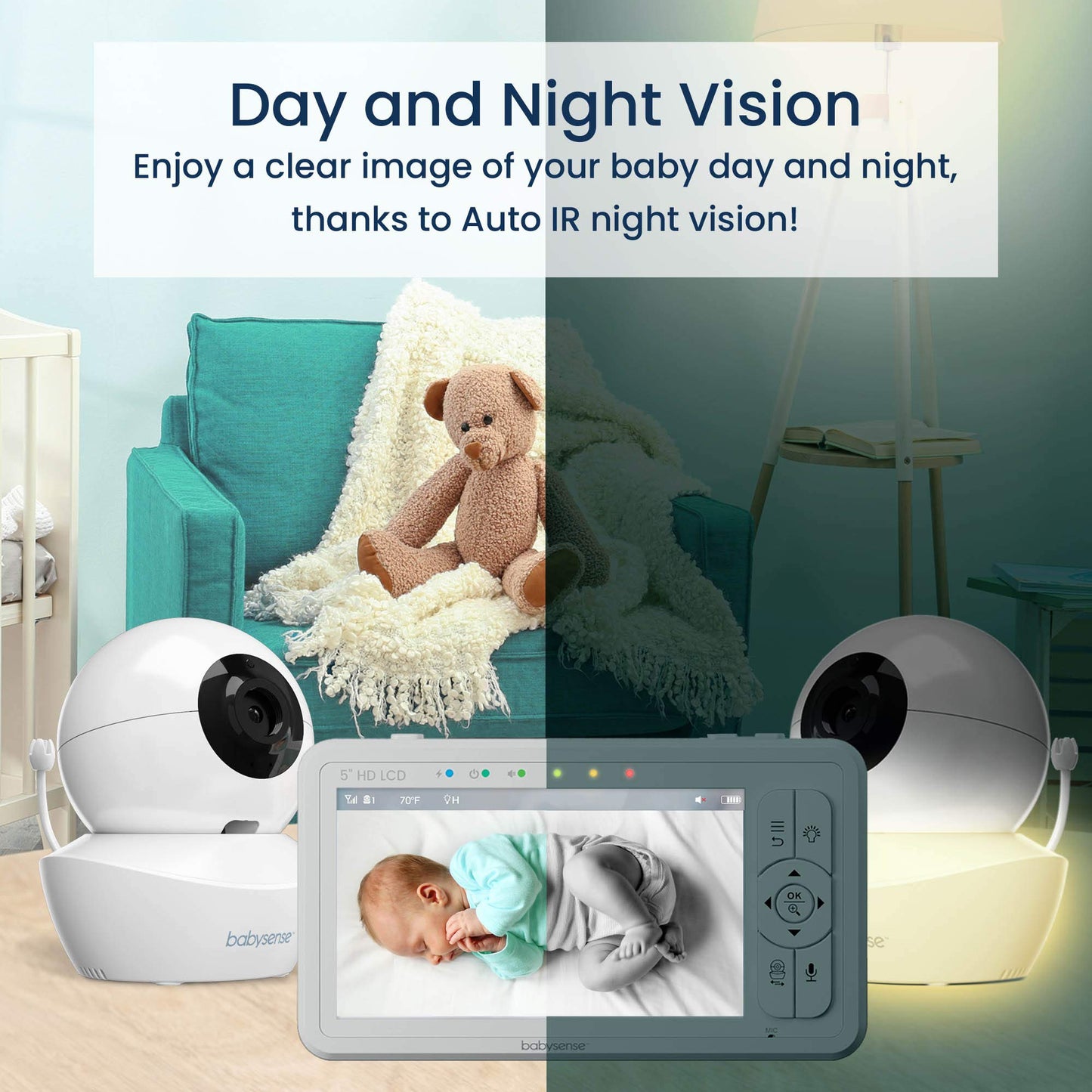 Babysense 5" HD Baby Monitor, 2 Cameras, Split-Screen, Night & Two-Way Audio