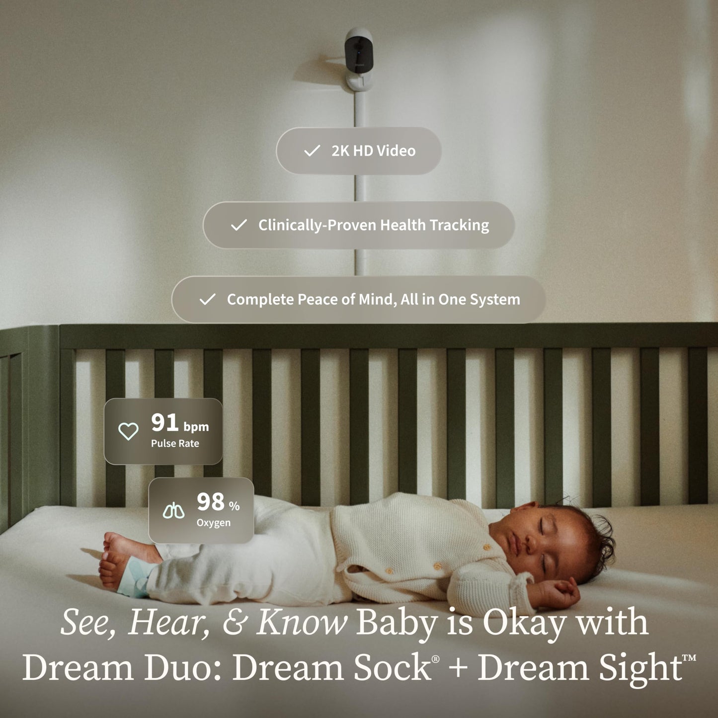 Owlet Dream Duo 3rd Gen Baby Monitor with Sock, 2K HD Video & Vital Signs