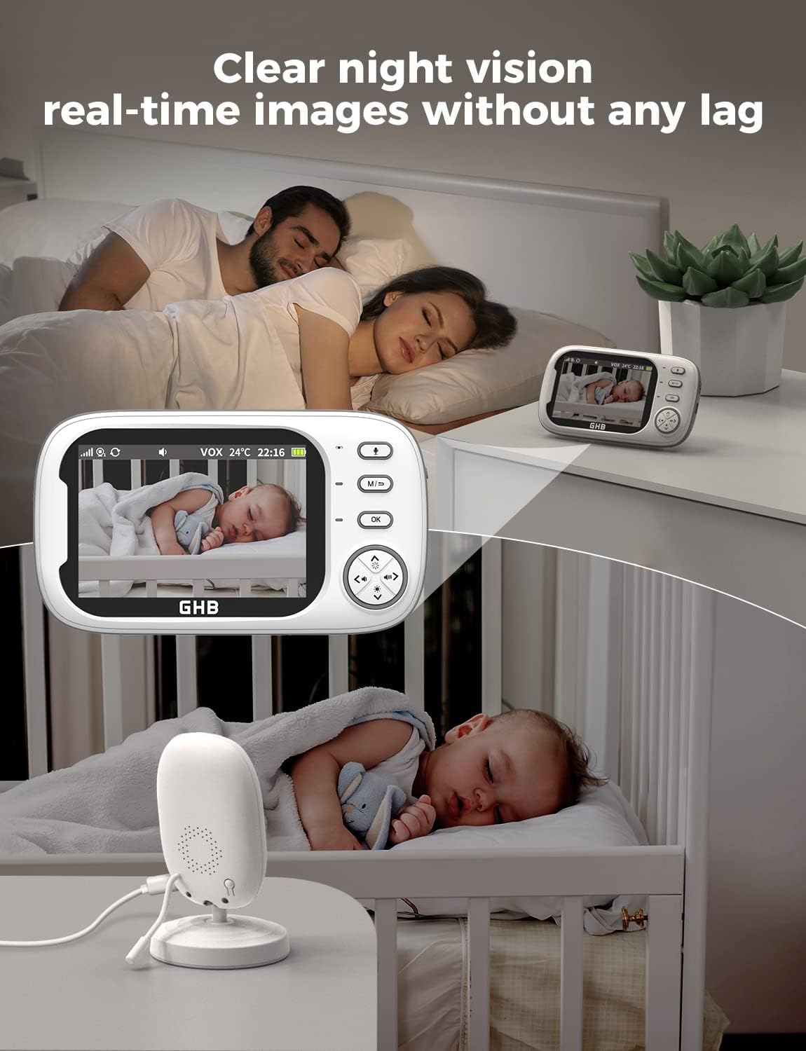 GHB 3.5" Baby Monitor, Camera, Night Vision, Two-Way Audio & Lullabies