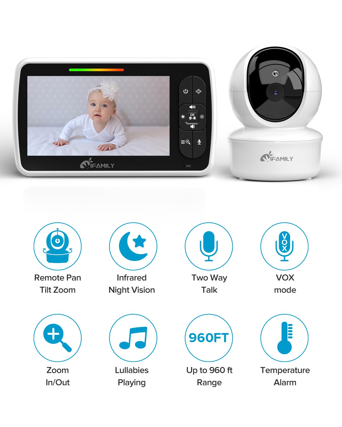 iFamily Baby Monitor – 5" Display, PTZ, 30 h Battery, Night Vision, Two-Way Audio