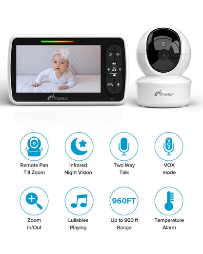 iFamily Baby Monitor – 5" Display, PTZ, 30 h Battery, Night Vision, Two-Way Audio