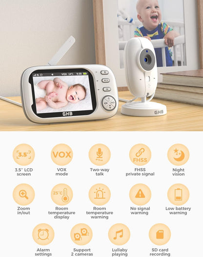 GHB 3.5" Baby Monitor, Camera, Night Vision, Two-Way Audio & Lullabies