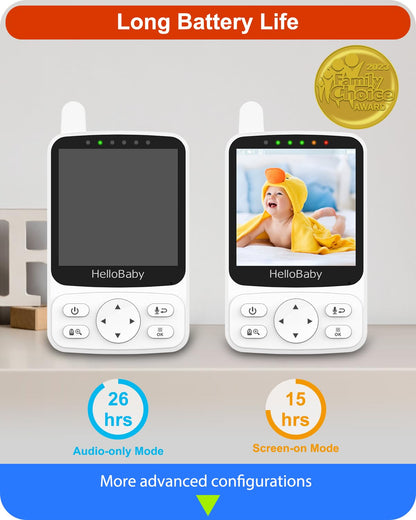 HelloBaby Baby Monitor – 4" IPS Display, PTZ, Night Vision, Two-Way Audio, 26 h Battery