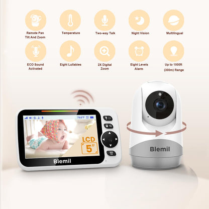 Blemil 5" Baby Monitor, Split-Screen, PTZ, Night Vision, Two-Way Audio, 30 h