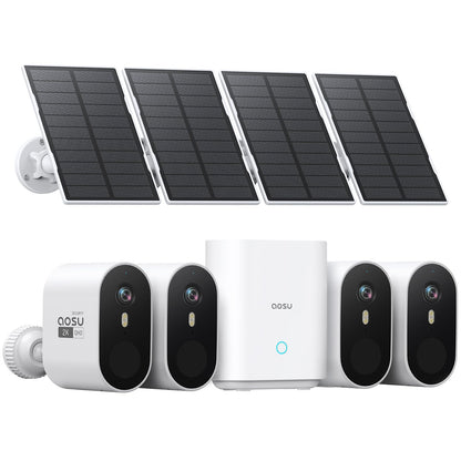 AOSU 2K Solar Security Cameras Wireless Outdoor, 4 Cam-Kit & HomeBase, No Monthly Fee, Movable Solar Panels, 166° Ultra-Wide View, 32GB Local, 2-Way Talk Night Vision Sound-Light Alert 5G/2.4G WiFi