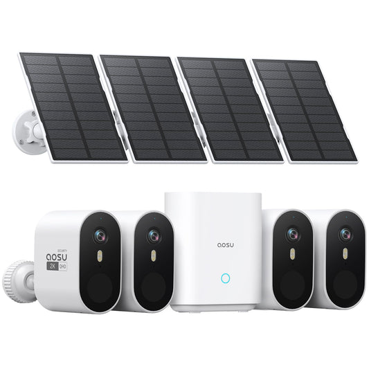 AOSU 2K Solar Security Cameras Wireless Outdoor, 4 Cam-Kit & HomeBase, No Monthly Fee, Movable Solar Panels, 166° Ultra-Wide View, 32GB Local, 2-Way Talk Night Vision Sound-Light Alert 5G/2.4G WiFi