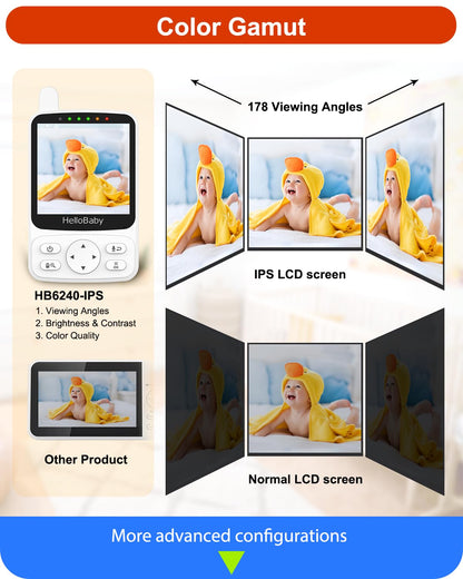 HelloBaby Baby Monitor – 4" IPS Display, PTZ, Night Vision, Two-Way Audio, 26 h Battery